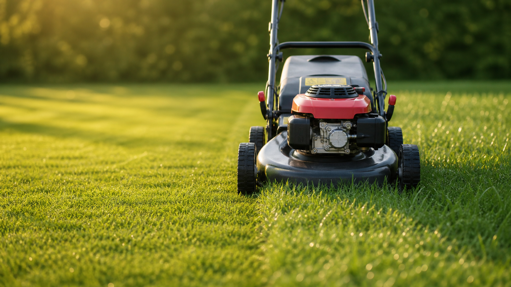 Lawn mower cutting a lush green lawn in golden Cornish sunlight